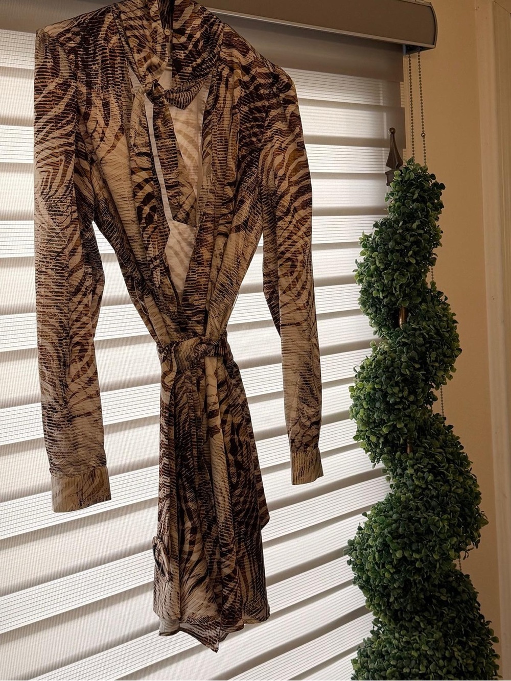 GUESS by Marciano Brown and Cream Animal-Print Long Sleeve Wrap Dress